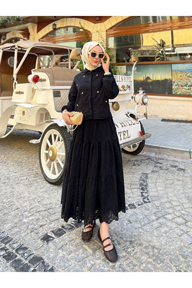 Summer Stone Detail Long Skirt Eyelet Embroidery Modest Set Black