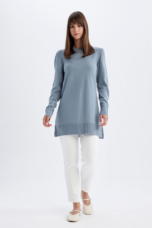 Regular Fit Bisiklet Yaka Yırtmaçlı Basic Düz Triko Kazak Tunik H3431az24au - 2