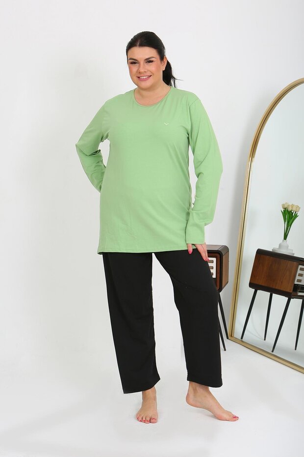 Women's Plus Size Long Sleeve Combed Cotton Pajamas Set Pistachio Green 202408