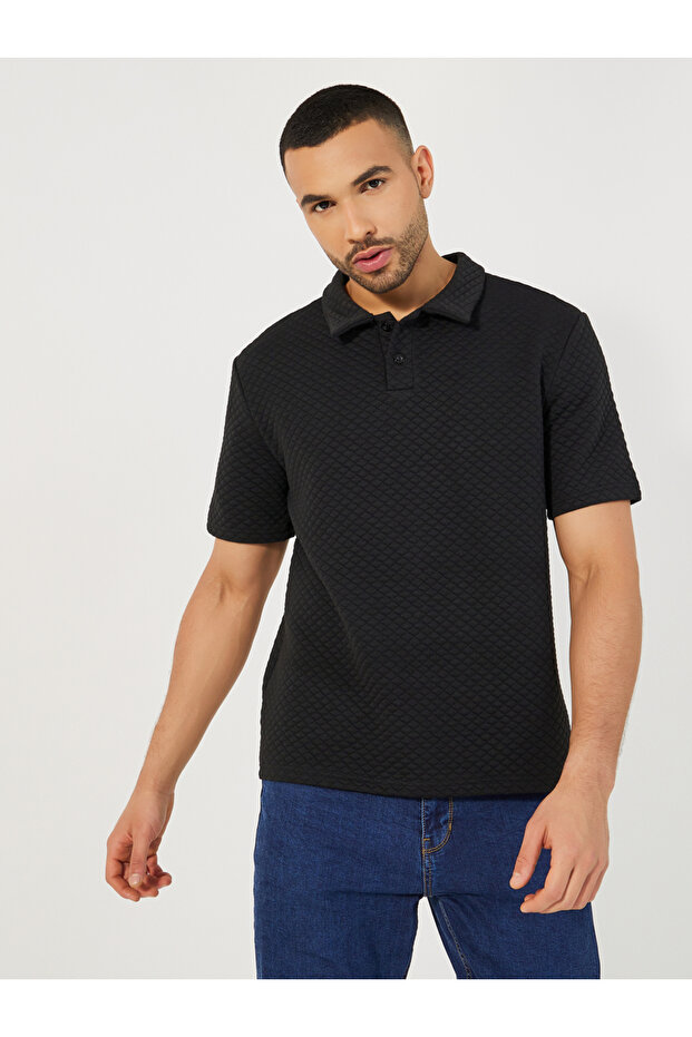 Diagonal Quilted Textured Half Placket Relaxed Polo