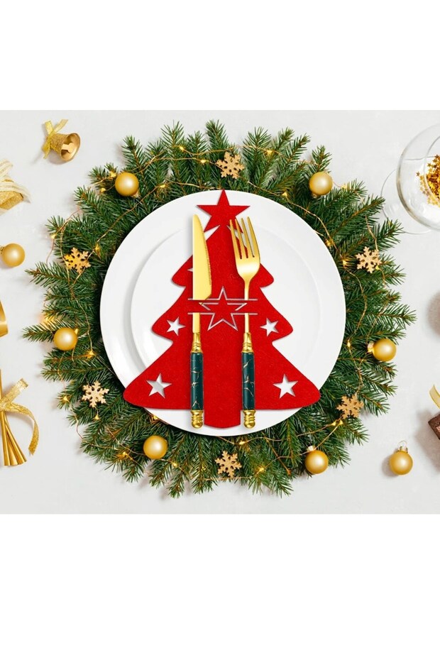 Red 6 Pieces Decorative Pine Tree Cutlery - Christmas Decor Tableware Preparation