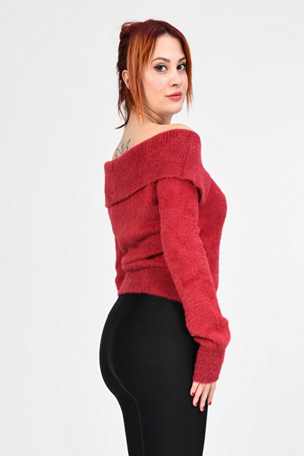 Devrik Yaka Peluş Kazak - Kırmızı - 7