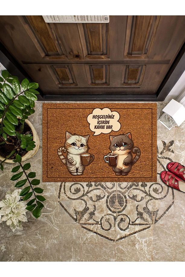 Kahve Içen Kediler Hoşgeldiniz Içeride Kahve Var Kapı Önü Paspası 45x65 - 1