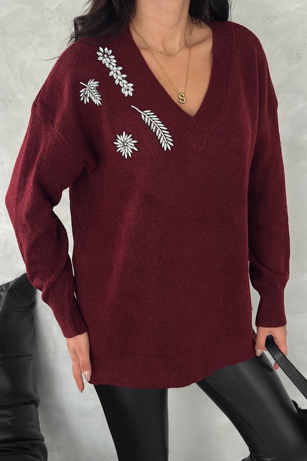 Women's Burgundy Standard Size Stone Embroidered Oversize Knitwear Sweater