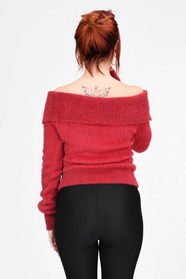 Devrik Yaka Peluş Kazak - Kırmızı - 9