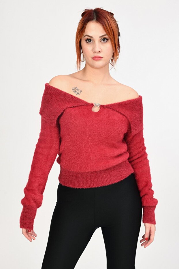 Devrik Yaka Peluş Kazak - Kırmızı - 4