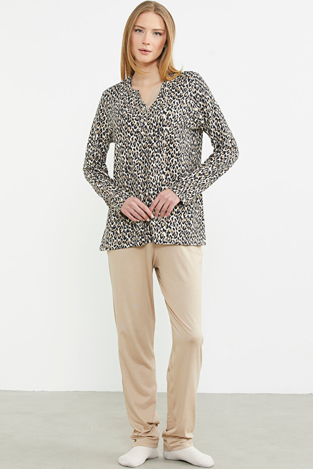 Leopard Print Beige Pajama Set - Buttoned Neck - 1