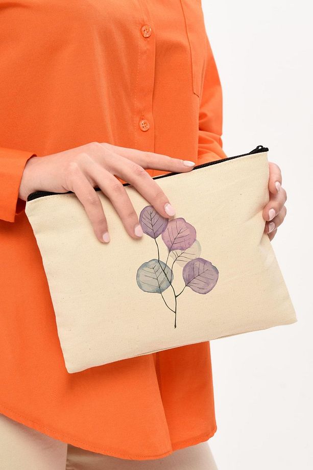 Clutch Mor Çiçekler Kanvas Makyaj Çantası - 2