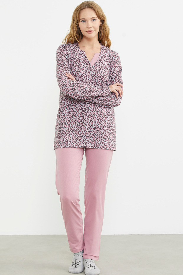 طقم بيجامة مريح بنقشة الفهد الوردي - 4