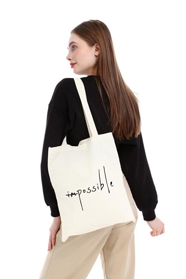 Impossible Baskılı Ham Bez Çanta - 5