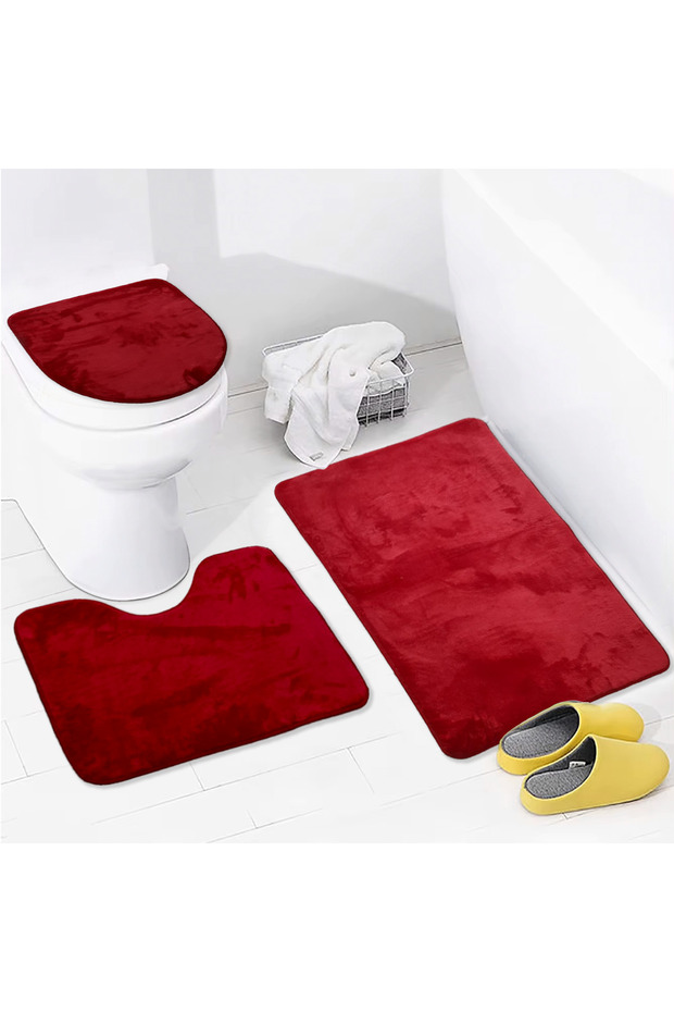 Unicolor Plain Red 3-Piece Bath Mat Rug Set Non-Slip Toilet Seat Set