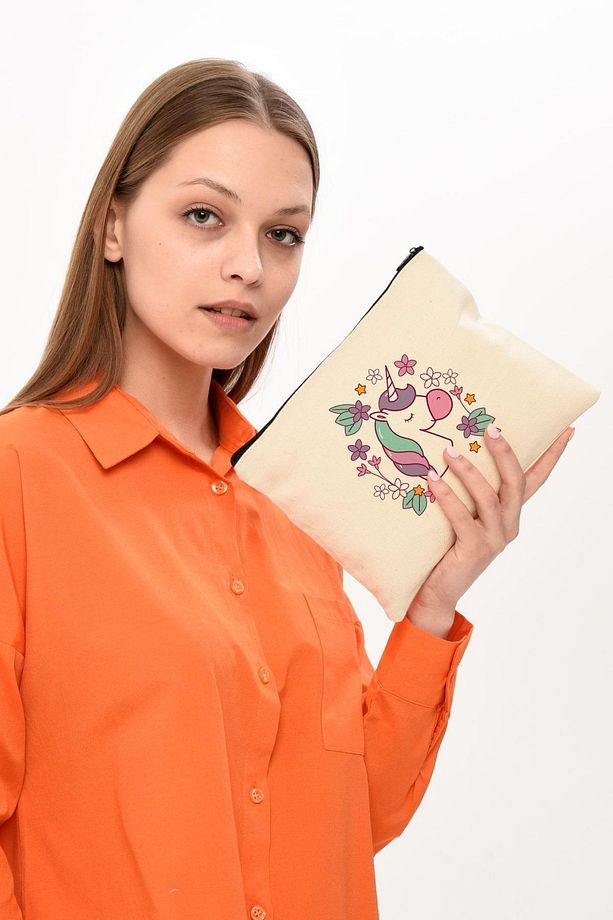 Clutch Çiçekler Ve Unicorn Kanvas Makyaj Çantası - 7