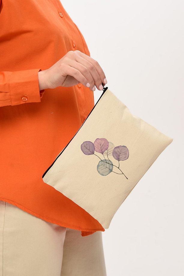 Clutch Mor Çiçekler Kanvas Makyaj Çantası - 8