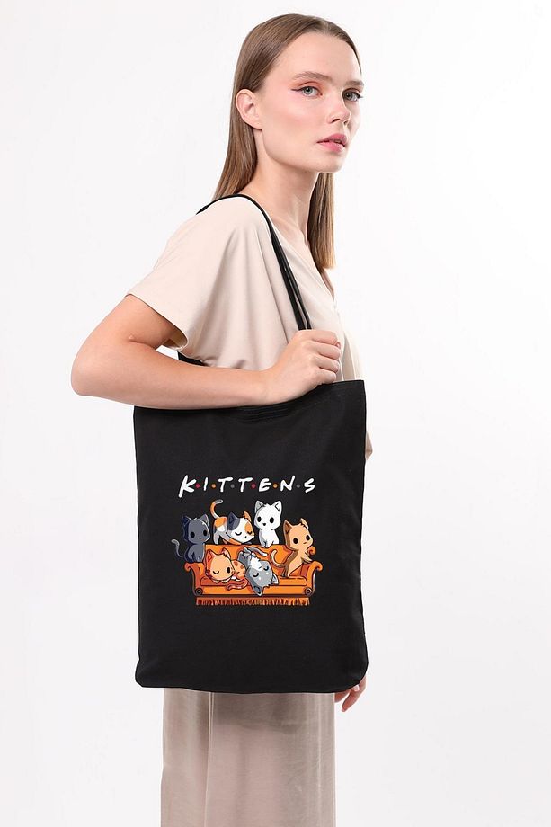Siyah Kanvas Kittens Baskılı Çanta - 1