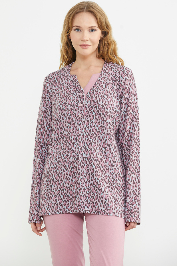 طقم بيجامة مريح بنقشة الفهد الوردي - 2