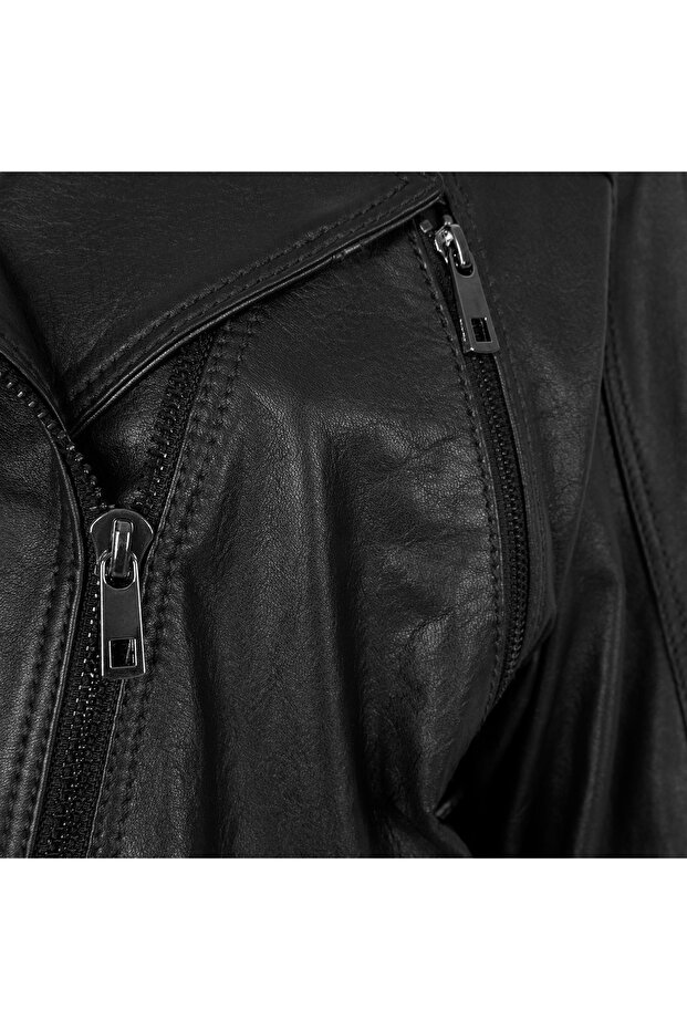 Allayna Siyah Kadın Deri Biker Ceket - 9
