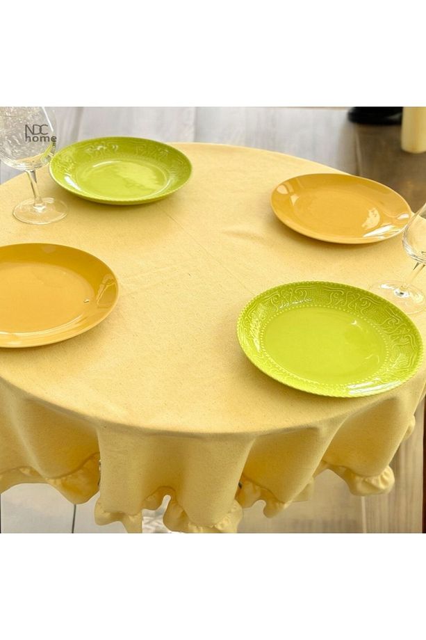 Sarı Keten Fırfırlı Yuvarlak Masa Örtüsü - 4
