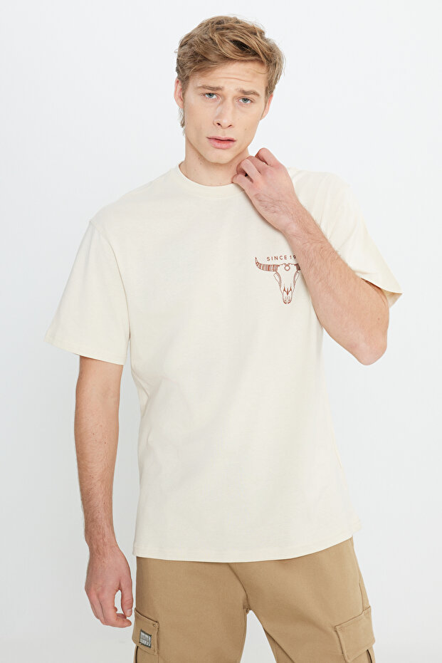 100% Cotton Loose Fit Relaxed Fit Crew Neck Men's Ecru Back Printed T-Shirt
