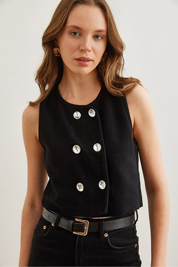 Women's Black Double Silver Button Knitted Vest Ylk- 19000052