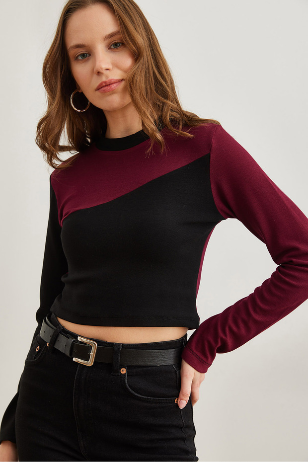 Women's Burgundy Black Asymmetrical Block Soft Touch Flexible Blouse Blz- 19002797