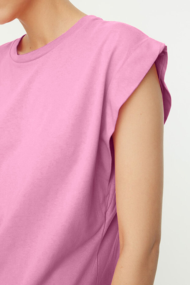 Pembe %100 Pamuk Vatka Görünümlü Basic Bisiklet Yaka Örme T-Shirt TWOSS20TS0021 - 3