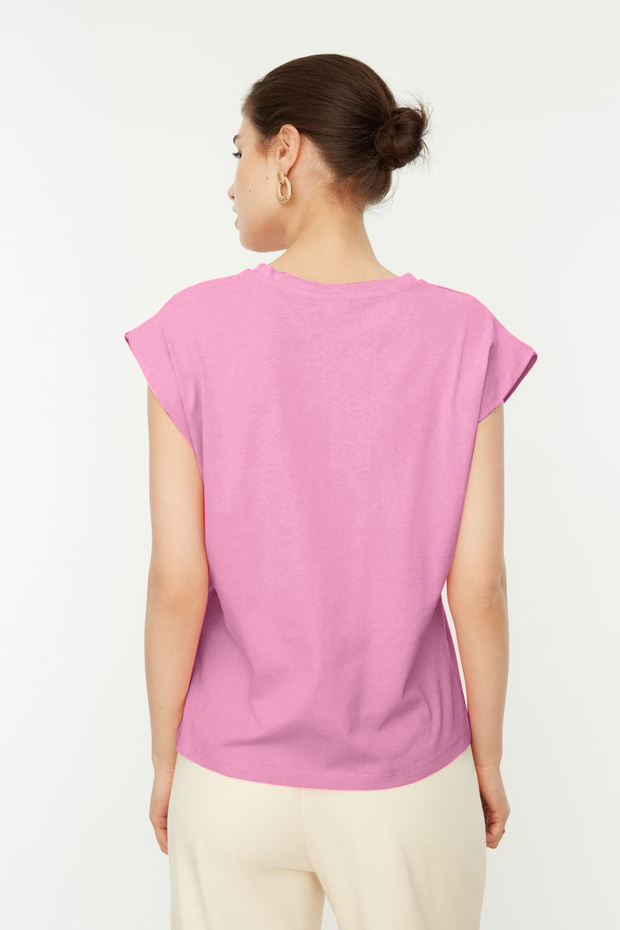 Pembe %100 Pamuk Vatka Görünümlü Basic Bisiklet Yaka Örme T-Shirt TWOSS20TS0021 - 4