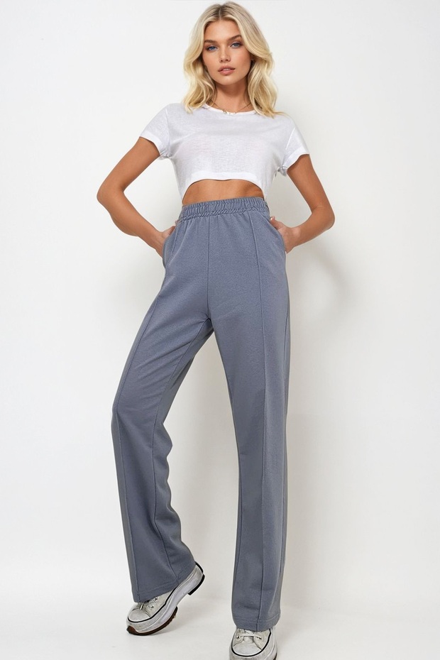 Women's Painted Gray High Waist Front-Waisted Wide Leg Double Pocket Sweatpants Alc-X7957
