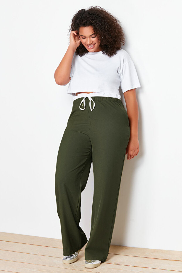 Haki Esnek Belli Wide Leg/Geniş Kesim Dokuma Kumaş Pantolon TBBSS24AR00014 - 3