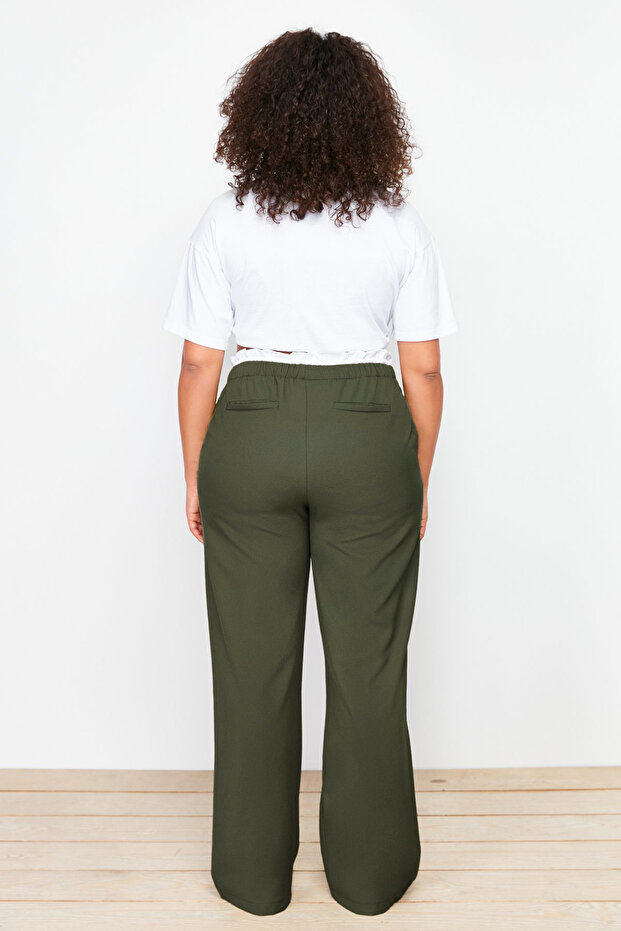 Haki Esnek Belli Wide Leg/Geniş Kesim Dokuma Kumaş Pantolon TBBSS24AR00014 - 5