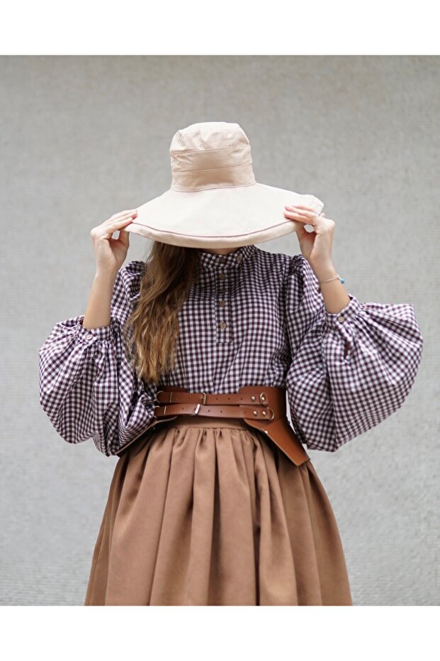 Gingham Brown-White Balloon Sleeve Vintage Shirt