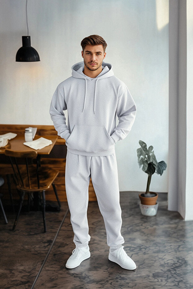 Gri Melanj Regular Kesim Kapüşonlu İçi Polar Sweatshirt Eşofman Takım TMNAW24EM00002 - 5