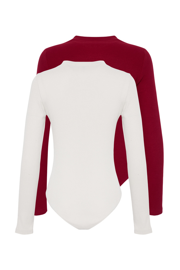Bordo-Taş 2'li Paket Slim Çıtçıtlı Dik Yaka Fitilli Esnek Örme Body TWOAW23BD00030 - 7
