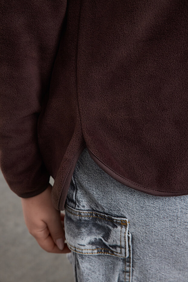 Kahverengi Kalın Polar Kapüşonlu ve Fermuarlı Oversize Örme Büyük Beden Sweatshirt TBBAW25AO00030 - 4