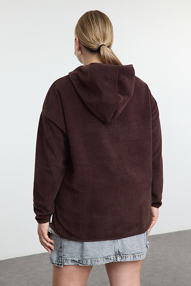 Kahverengi Kalın Polar Kapüşonlu ve Fermuarlı Oversize Örme Büyük Beden Sweatshirt TBBAW25AO00030 - 5