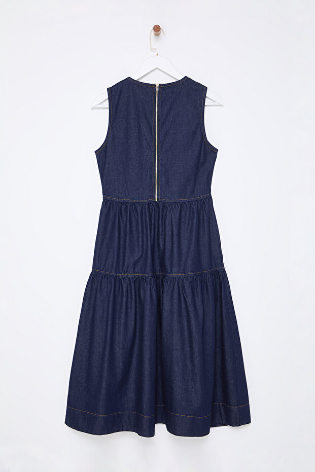 Koyu Mavi Volanlı Midi Denim Elbise TWOSS25EL00007 - 7