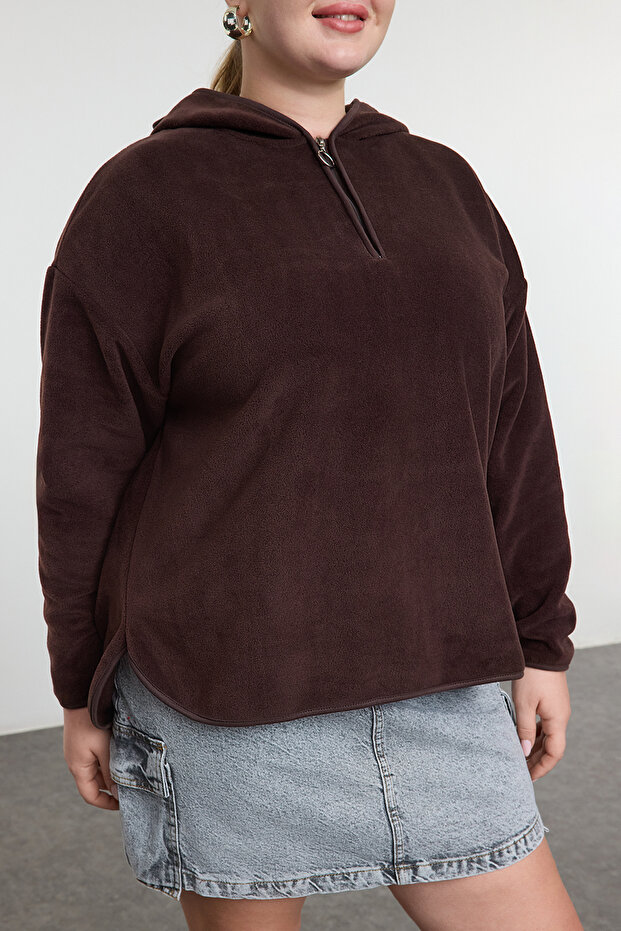 Kahverengi Kalın Polar Kapüşonlu ve Fermuarlı Oversize Örme Büyük Beden Sweatshirt TBBAW25AO00030 - 3