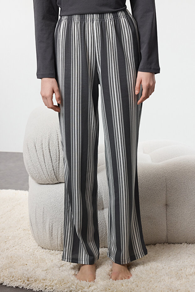 Antrasit Pamuklu Çizgili Örme Pijama Takımı THMAW25PT00188 - 4