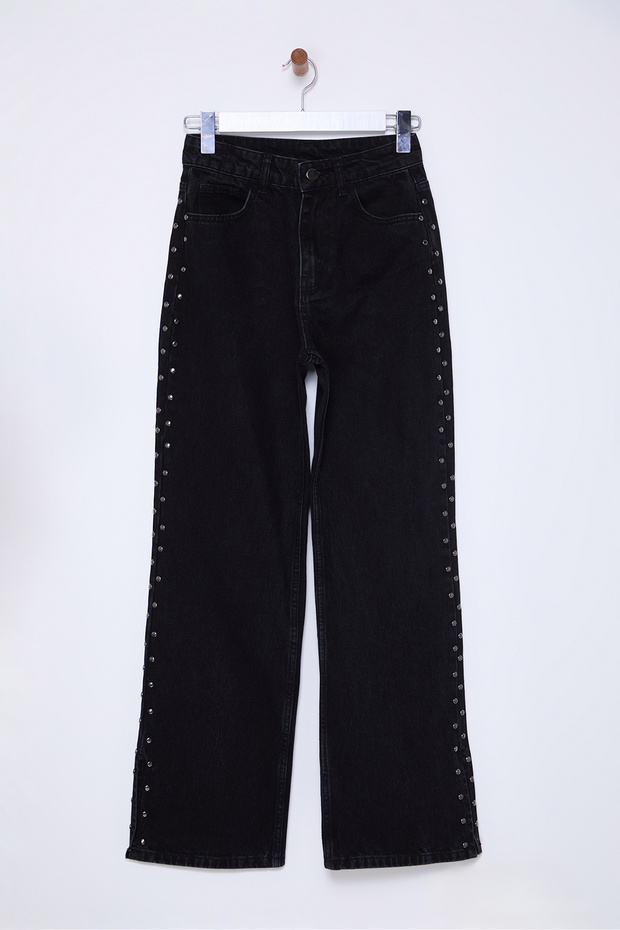Siyah Trok Detaylı Paçası Yırtmaçlı Yüksek Bel Wide Leg Jeans TWOSS25JE00015 - 6