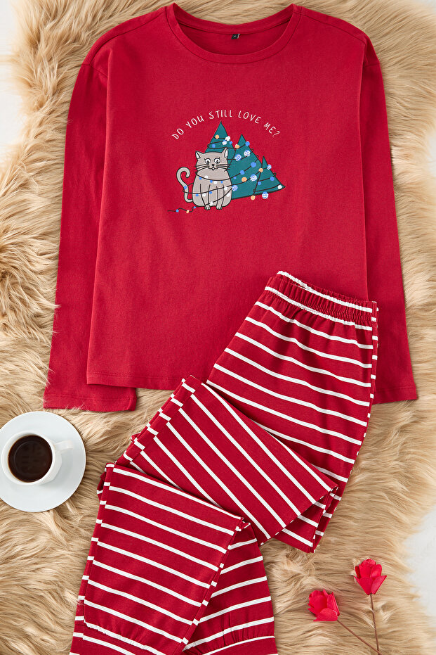 Kadın Couple/Çift Bordo %100 Pamuklu Çizgili Yılbaşı Temalı Örme Pijama Takımı THMAW25PT00164 - 3