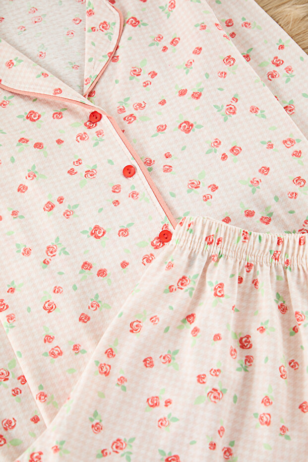 Ekru %100 Pamuklu Çiçekli Biyeli Örme Pijama Takımı THMAW25PT00202 - 7