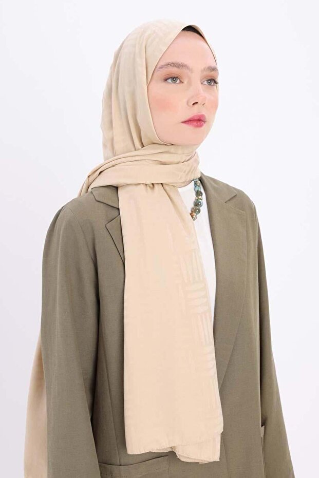 Beige-Patterned Jacquard Shawl - 2