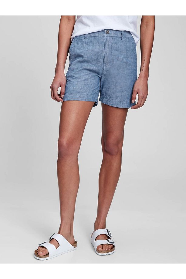 Kadın Açık Mavi High Rise Chambray Şort - 1