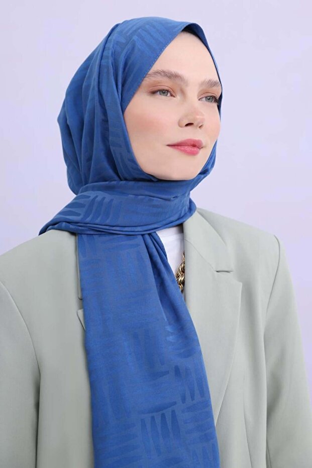 شال جاكار منقوش باللون النيلي - 1