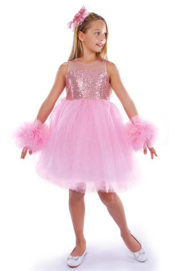 Girls Birthday Party Dress with Pompom Sleeves Tulle Sequin Buckle Bow