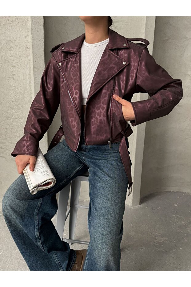 Oversized kožená leopardí bunda s páskem - 5