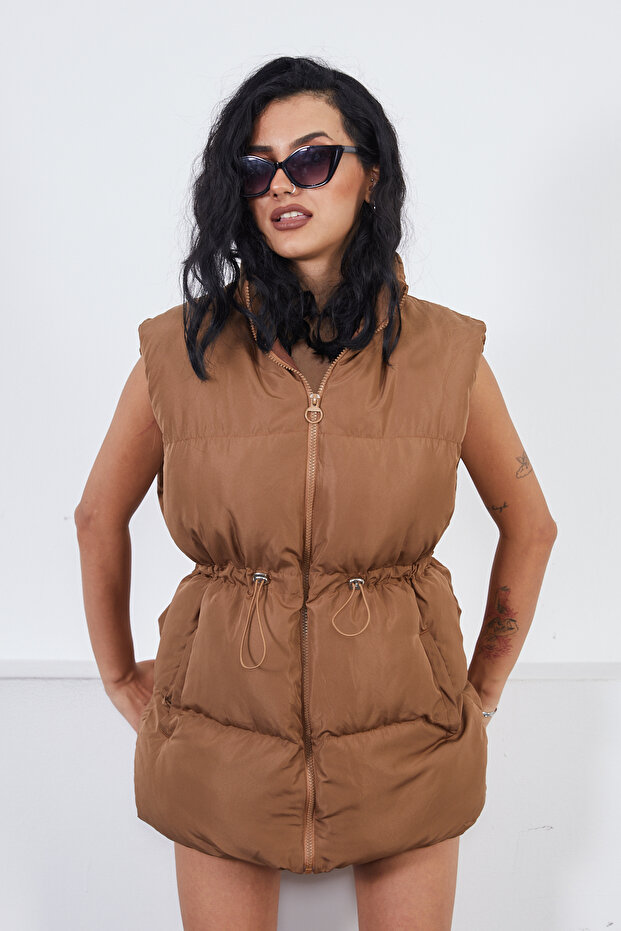 Women's Brown Puffer Vest with Elastic Waist