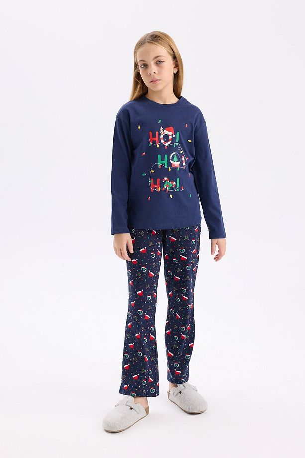 Kız Çocuk Yılbaşı Temalı Pijama Takımı Uzun Kollu Üsr Esnek Belli Uzun Alt D9824A824WN - 1