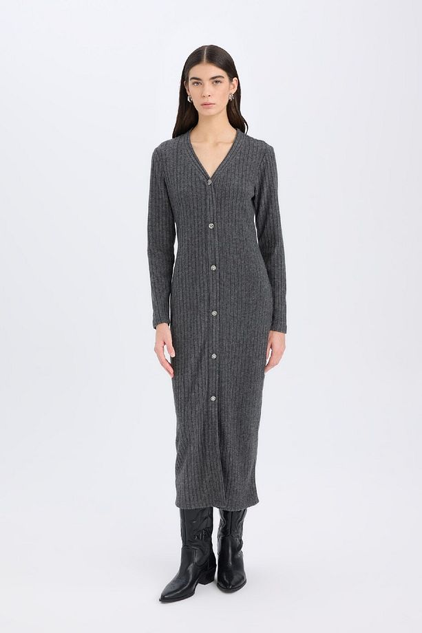 Bodycon Vücudu Saran Basic Düz V Yaka Düğmeli Fitilli Kaşkorse Midi Uzun Kollu Elbise B3261AX24WN - 2