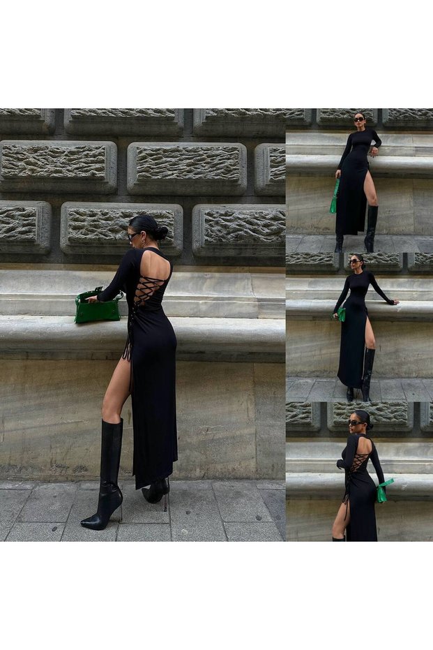 Back Detailed Long Sleeve Slit Black Dress