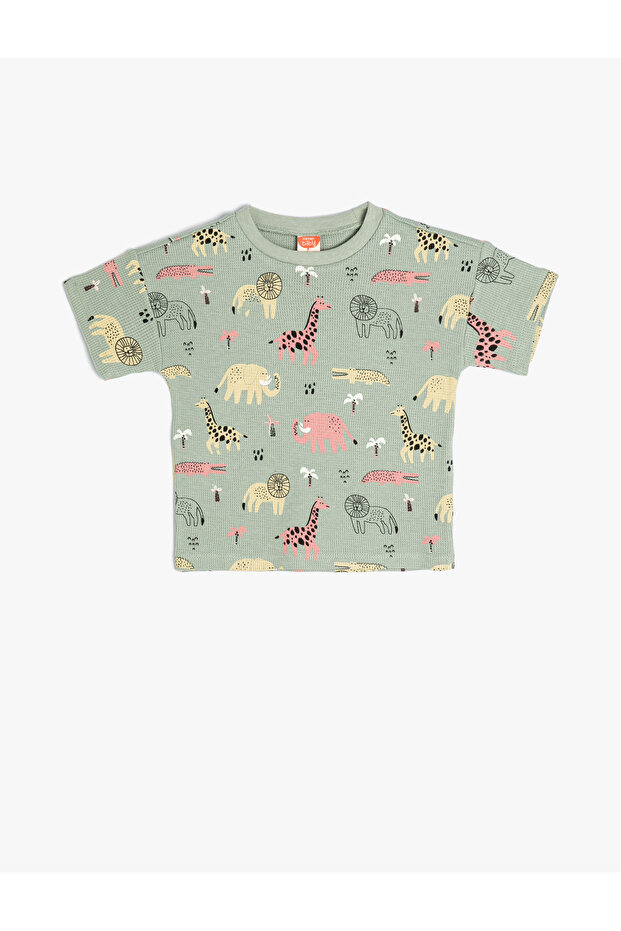 T-Shirt Short Sleeve Animal Printed Crew Neck Textured Cotton